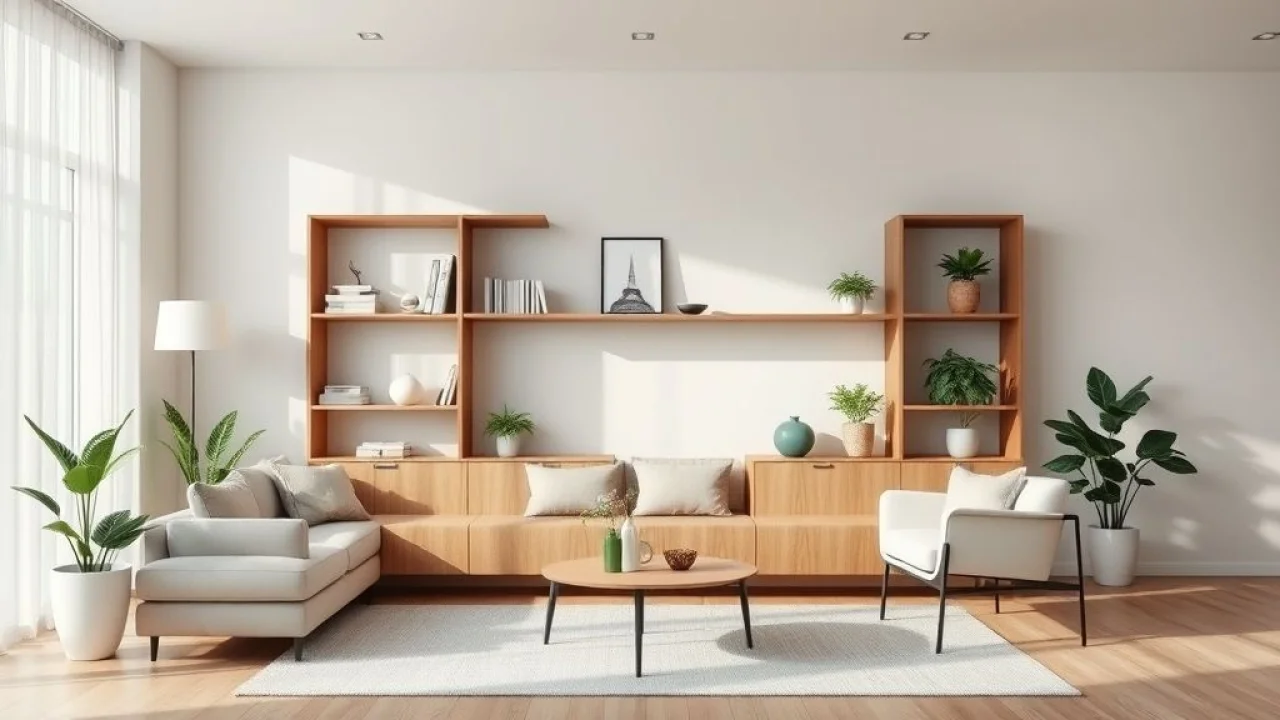 Sala conceito aberto dividida com estante baixa no Brasil.
