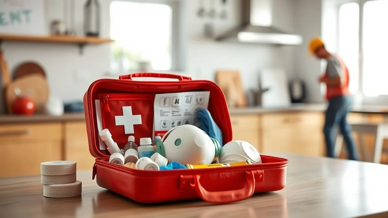 Kit de primeiros socorros aberto em obra de cozinha com materiais de curativo.