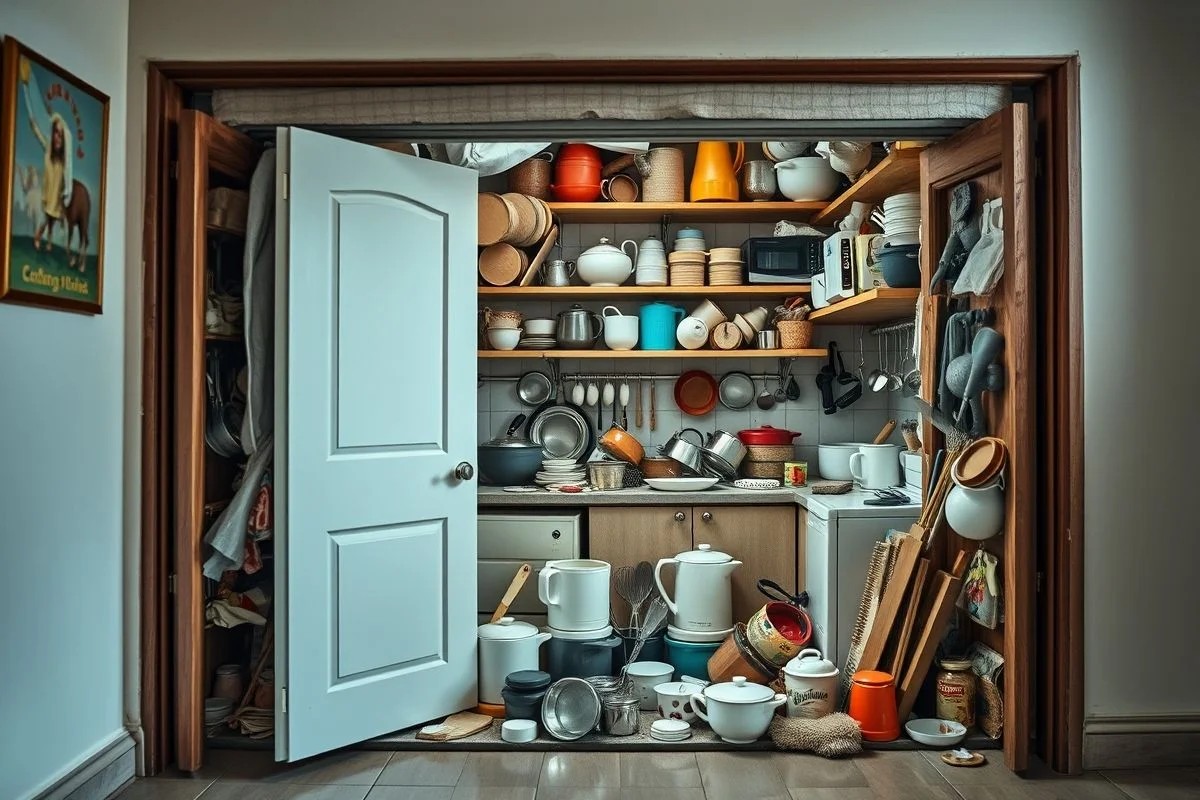 Gaveta de cozinha aberta com utensílios desorganizados, representando o caos doméstico.