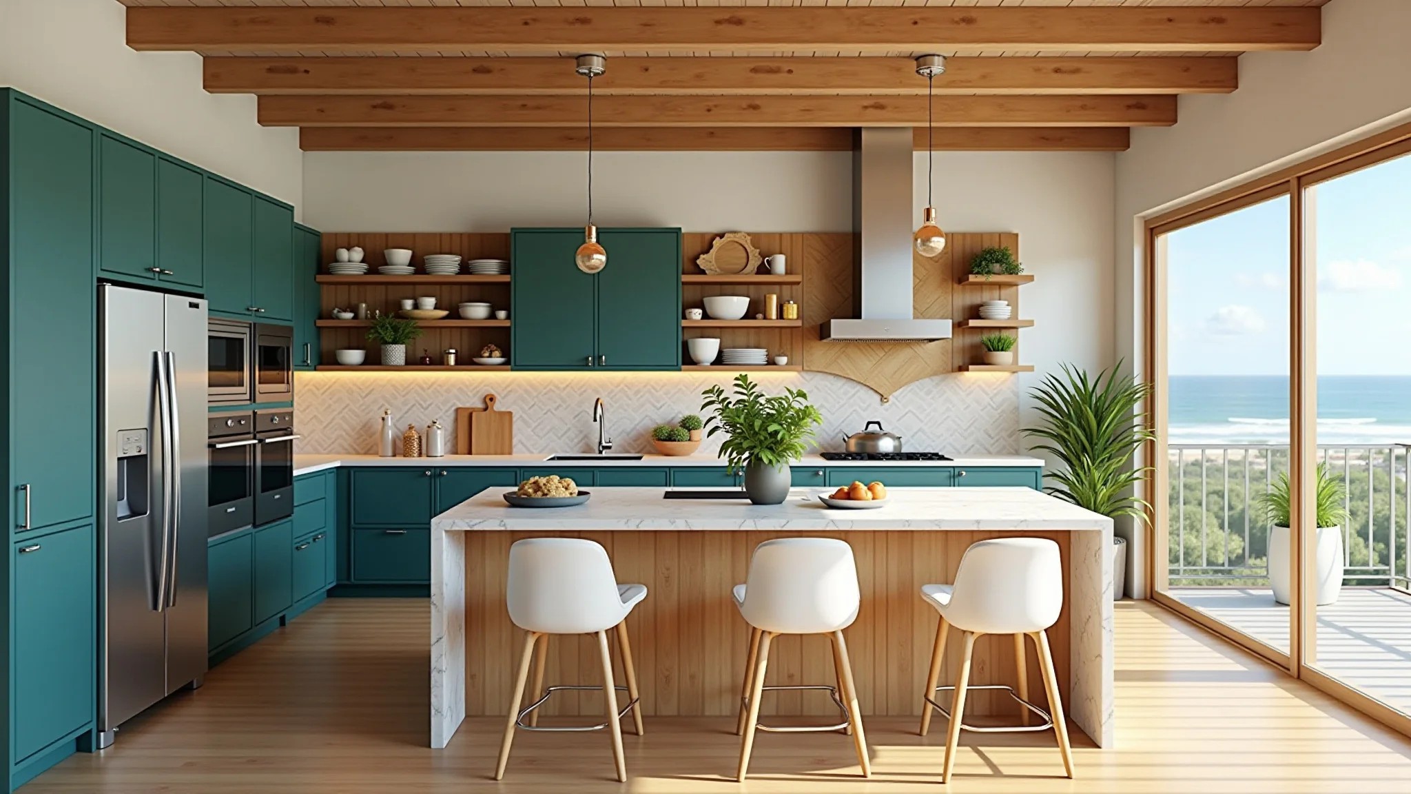 Cozinha aberta com ilha central e layout de triângulo de trabalho.