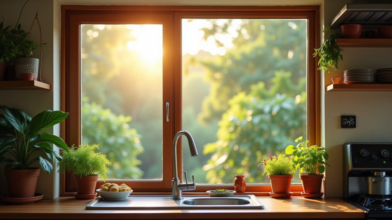 Janela de cozinha aberta com plantas e luz solar.