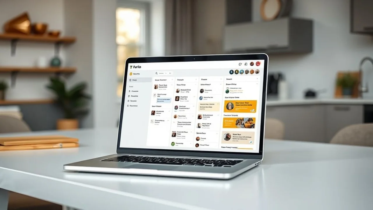 Laptop com Trello exibindo tarefas de reforma de cozinha, ambiente organizado.