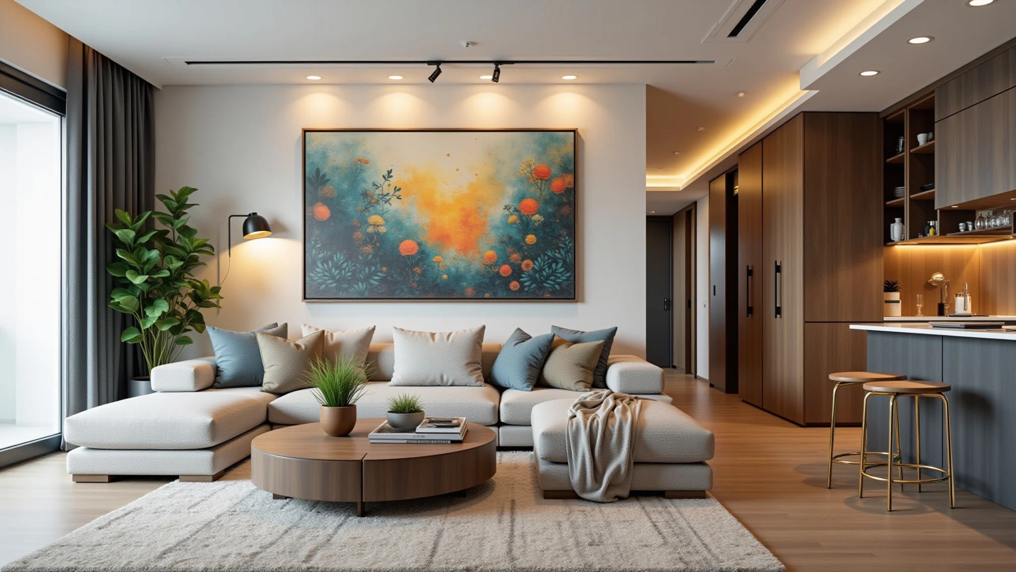 Sala de estar integrada com móveis modernos, plantas e obras de arte coloridas.