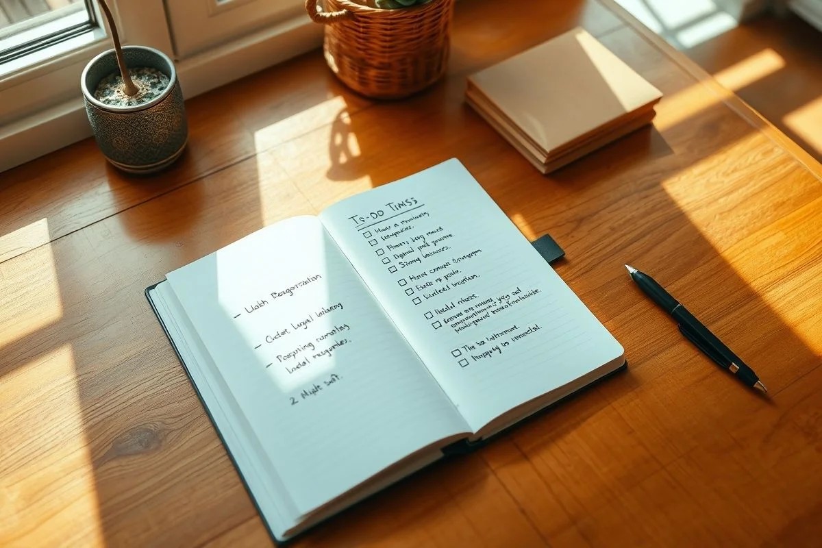 Caderno aberto com lista de tarefas, simbolizando organização e produtividade.