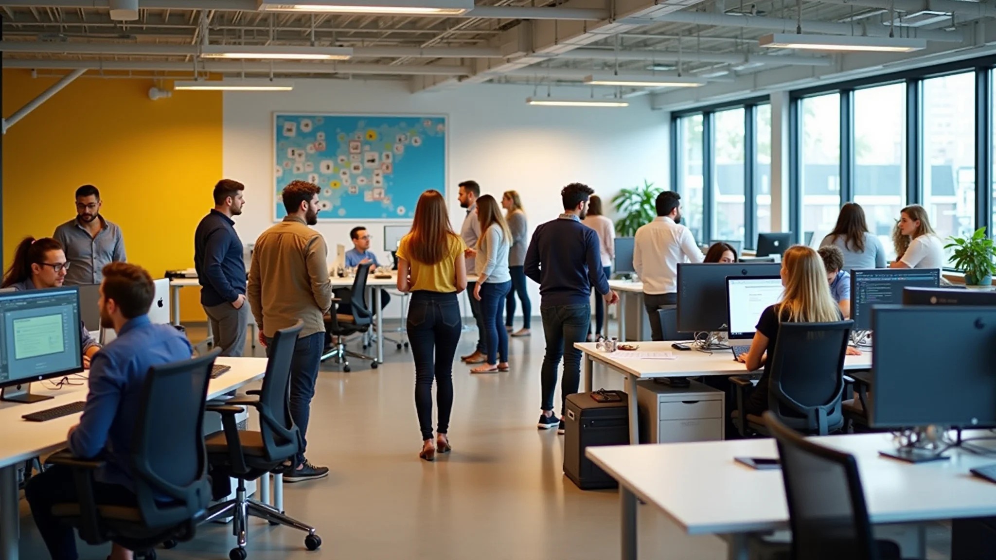 Espaço de trabalho colaborativo com equipe diversa e design brasileiro.