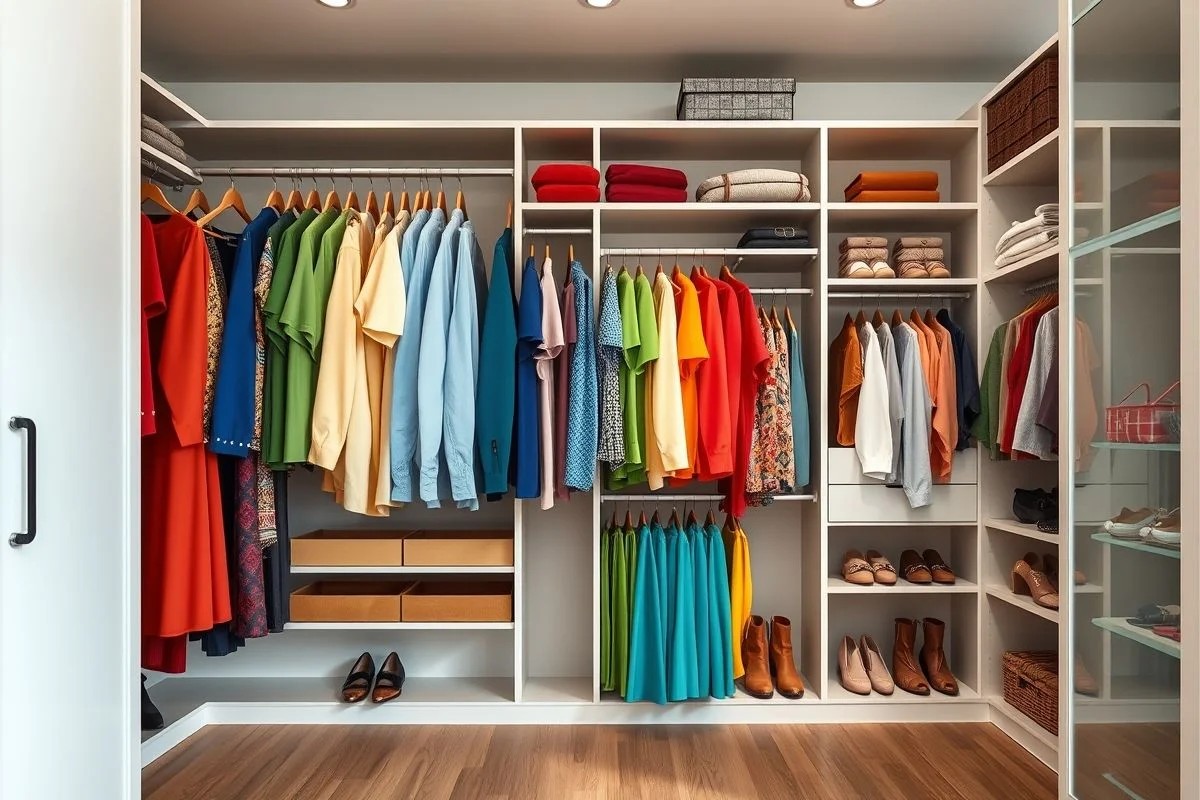 Interior de guarda-roupa organizado com roupas e acessórios.