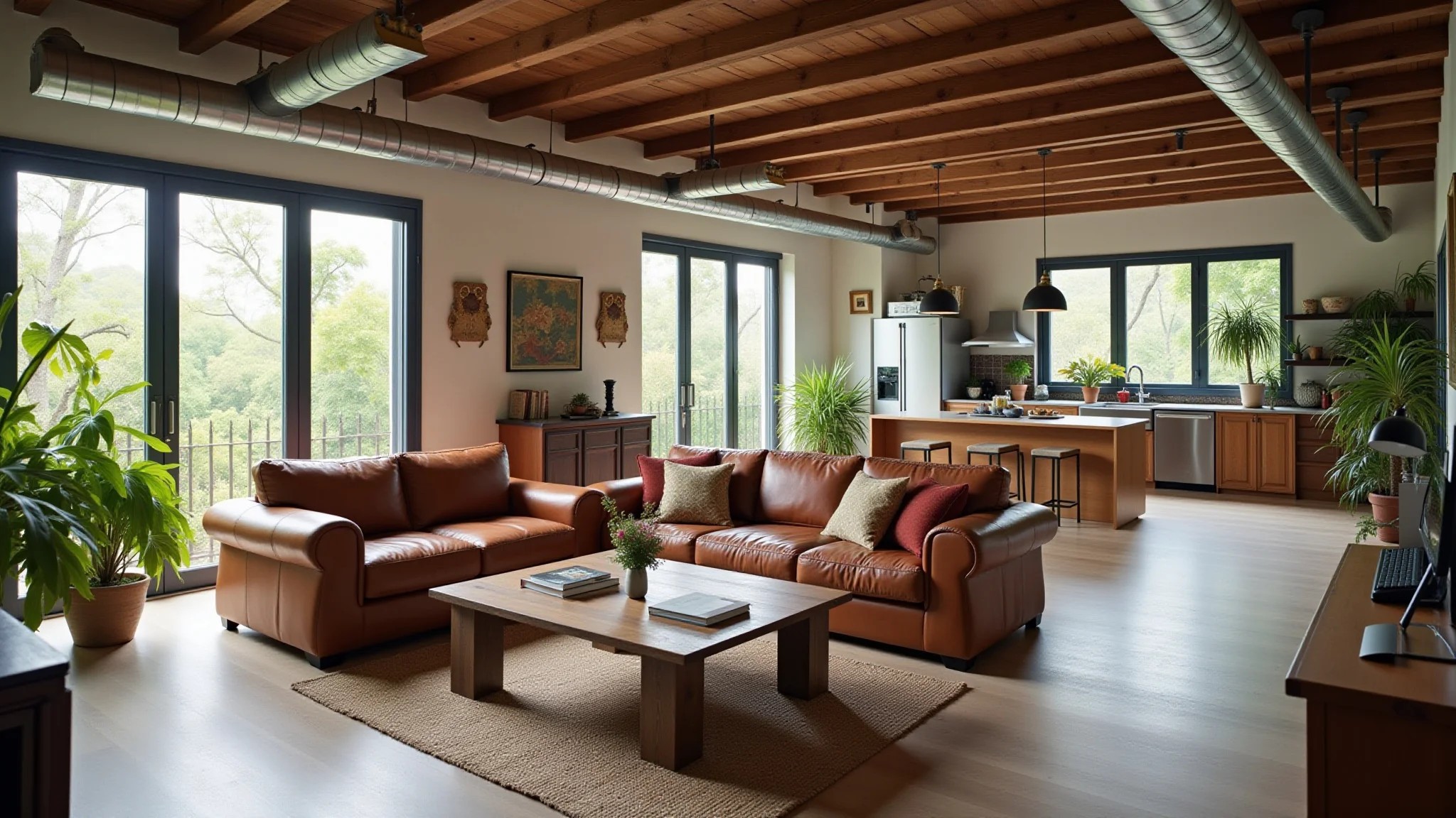 Sala de estar em loft com tubulações aparentes e sofá de couro confortável.
