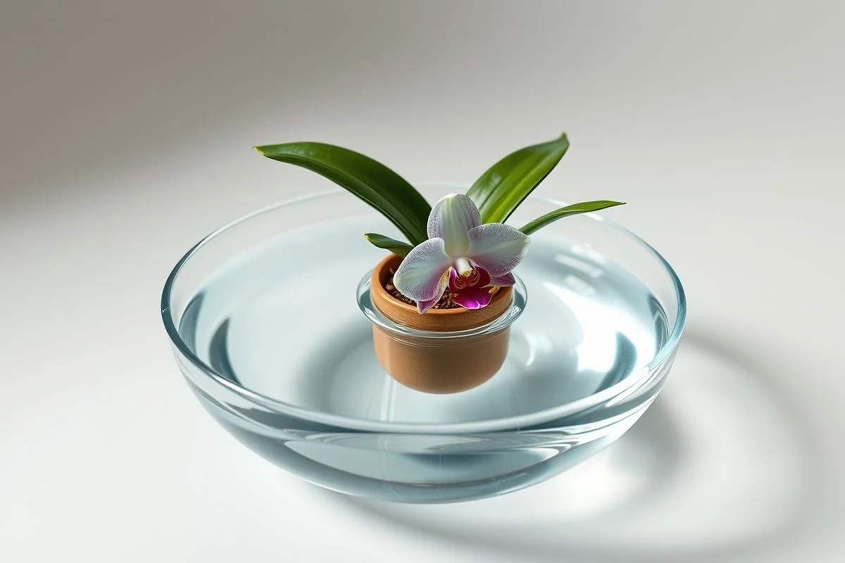 Orquídea sendo regada por imersão em um recipiente com água.