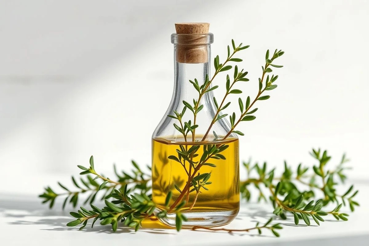 Azeite aromatizado com orégano em garrafa de vidro.