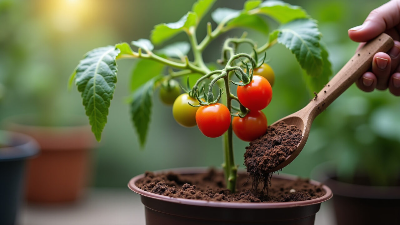 Adubando tomate cereja com húmus de minhoca.