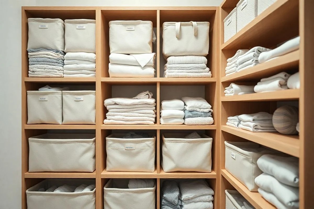 Roupas de bebê organizadas em caixas de tecido dentro de armário.