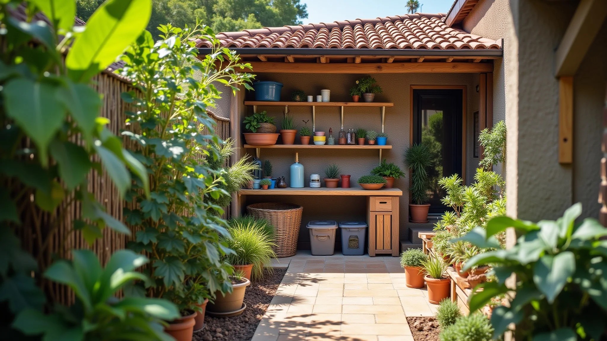 Quintal organizado com prateleiras, ferramentas e plantas.