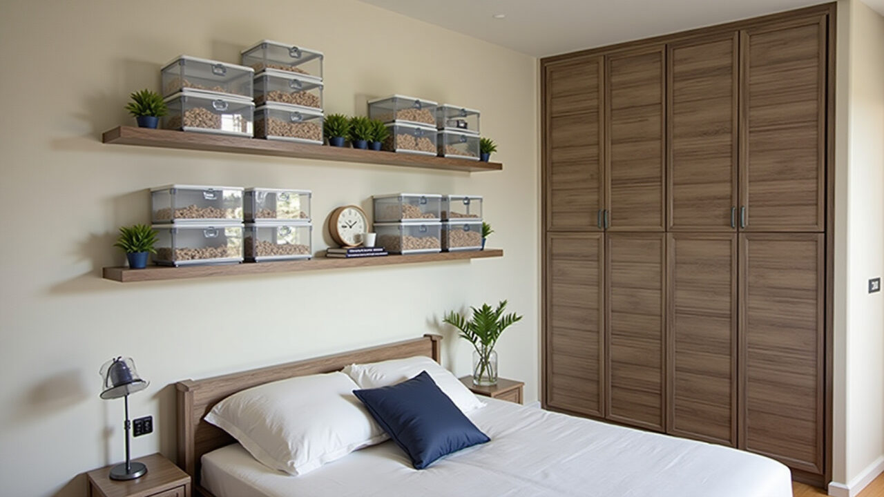 Quarto organizado com caixas transparentes e prateleiras.