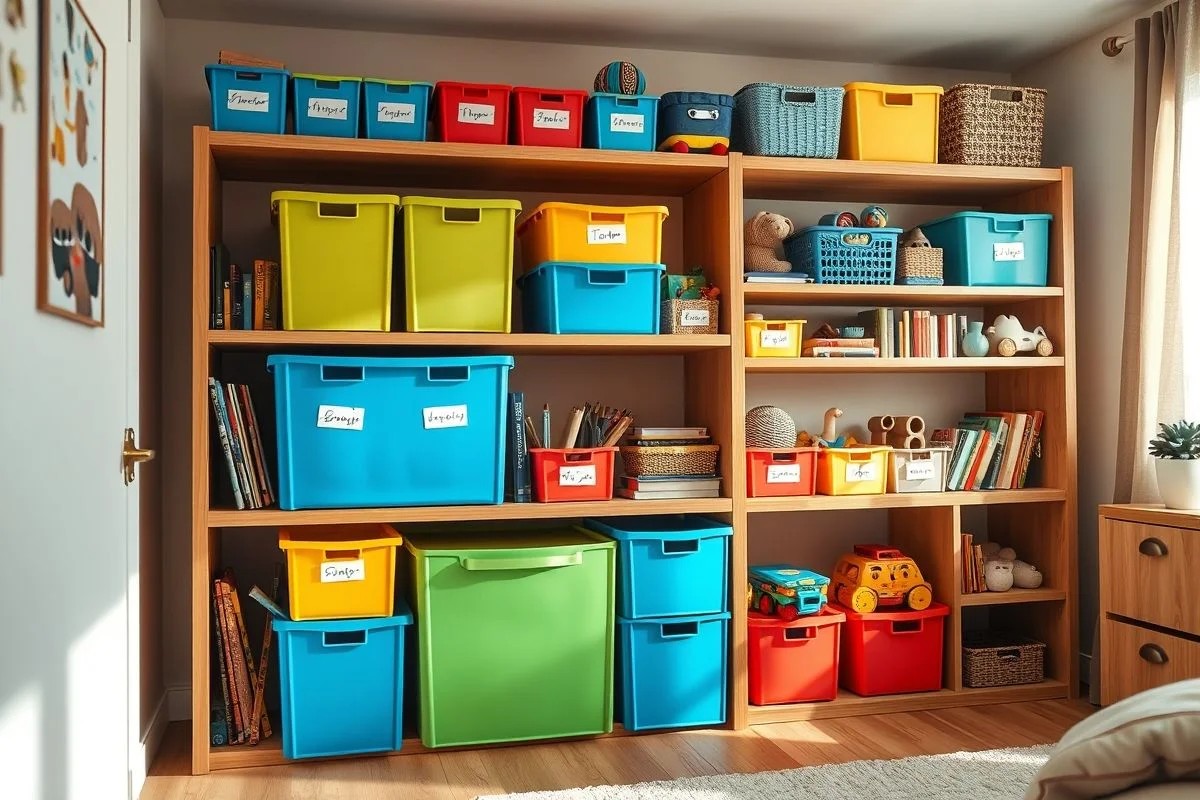 Prateleiras organizadas em quarto de menino com caixas coloridas e cestos para guardar brinquedos e livros.