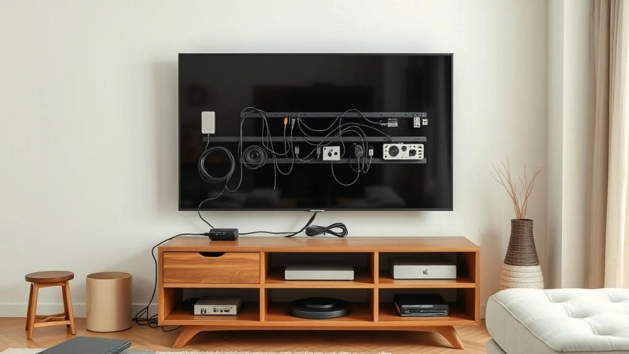 Cabos organizados atrás da TV em sala brasileira
