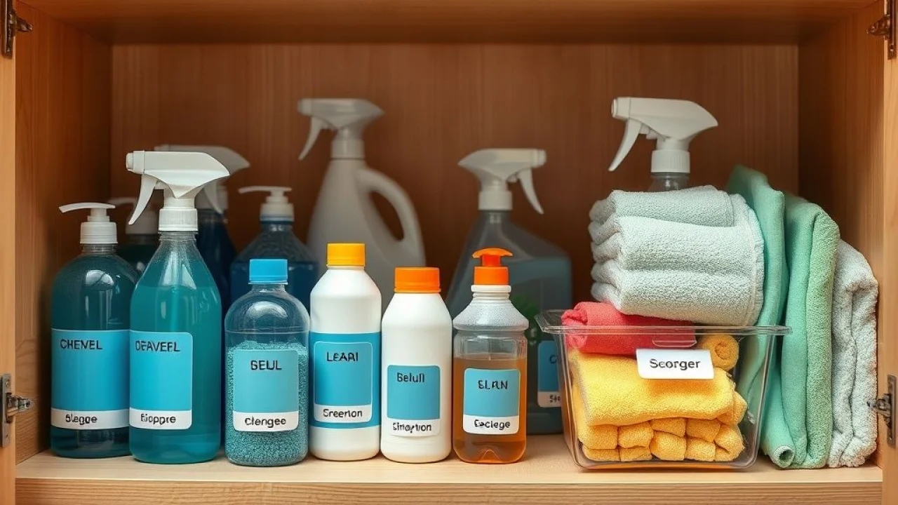 Armário de produtos de limpeza organizado com caixas e etiquetas.