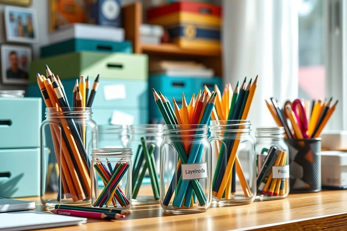 Organização de mesa de home office com potes e caixas decoradas.