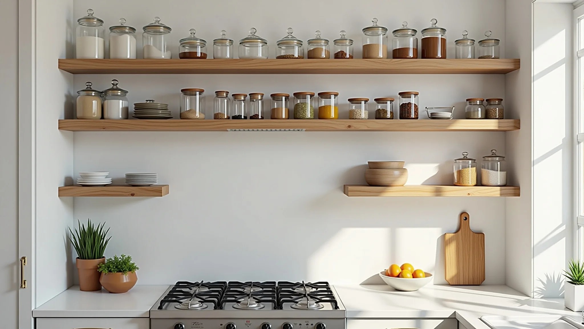 Cozinha organizada com prateleiras de madeira e potes de vidro.
