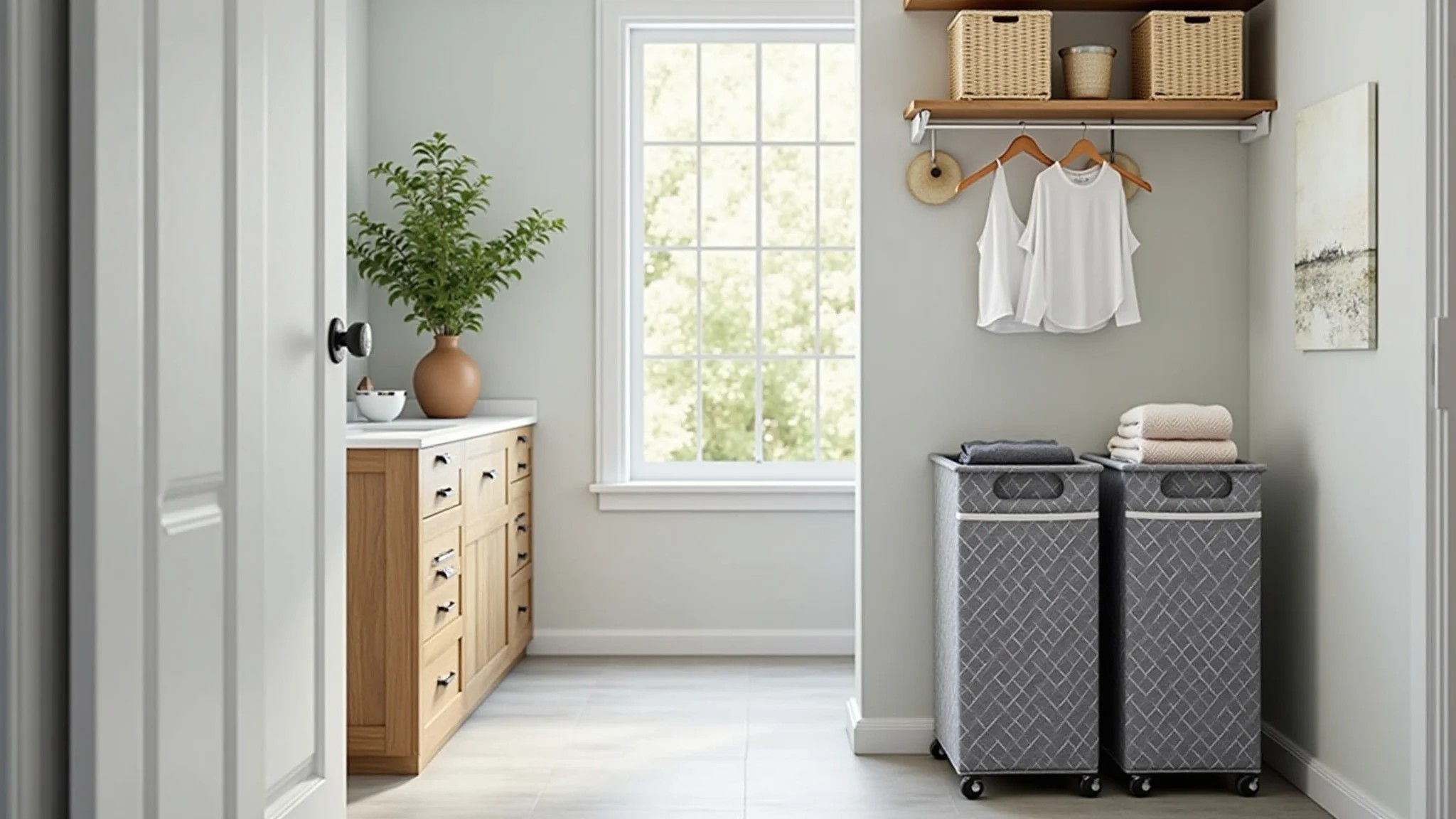 Lavanderia organizada com cesto duplo para separar as roupas.