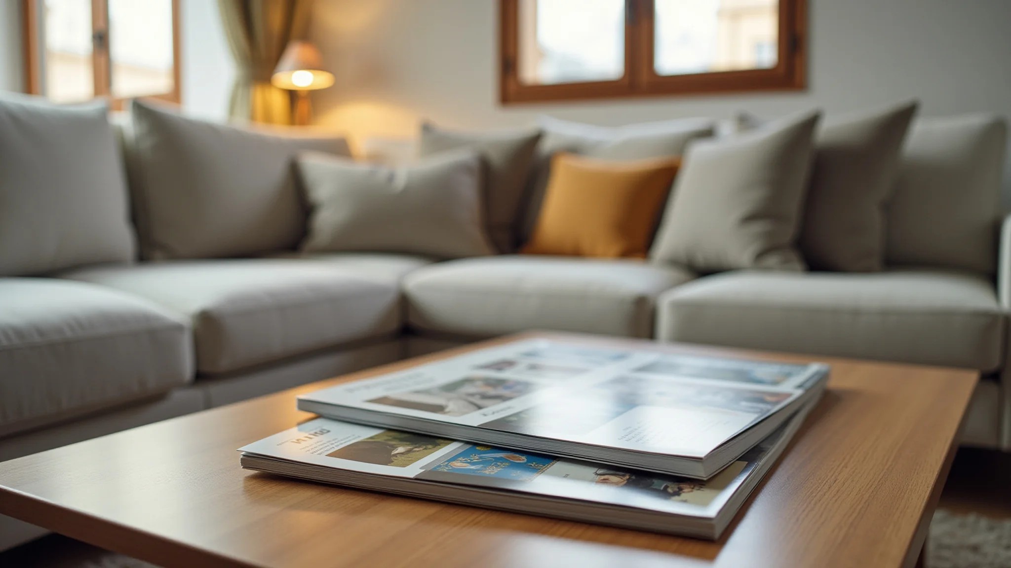 Sala organizada com mesa de centro e revistas, estilo minimalista.