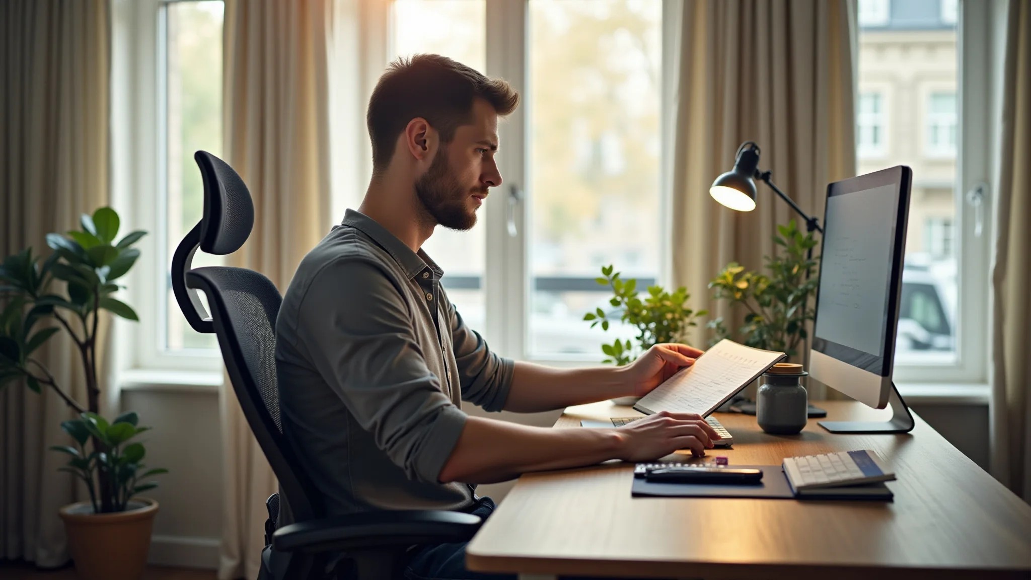 Home office organizado na sala, cadeira ergonômica, luminária, espaço de trabalho produtivo.