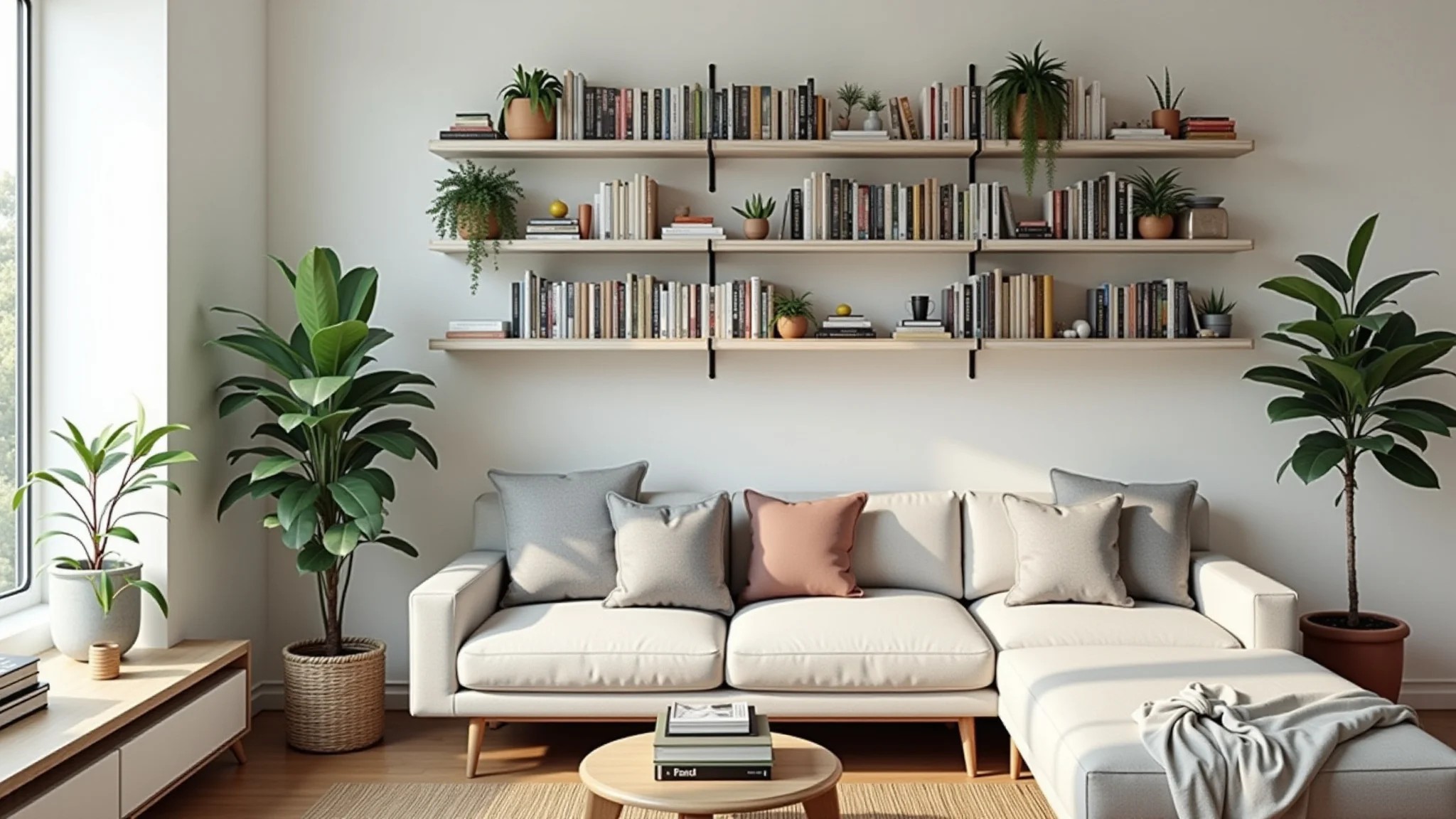 Sala organizada com prateleiras de livros e plantas, decoração minimalista.