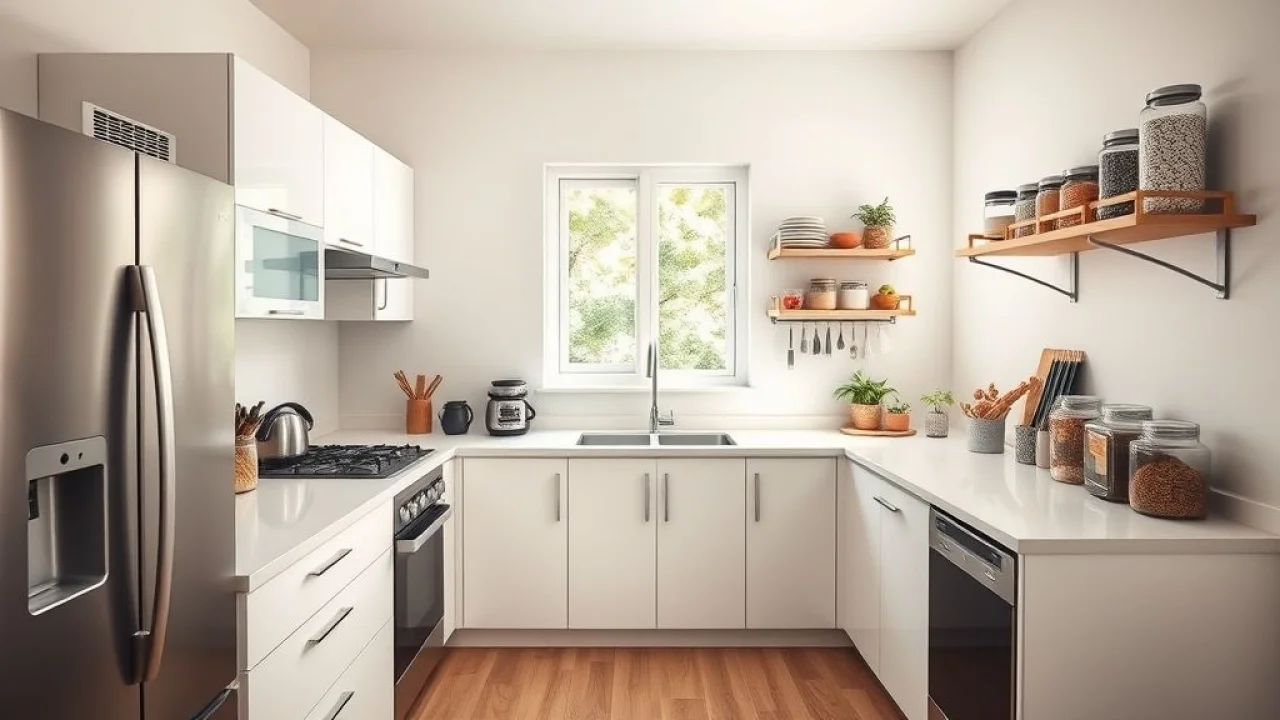Cozinha minimalista organizada com utensílios de inox e potes transparentes em casa brasileira.