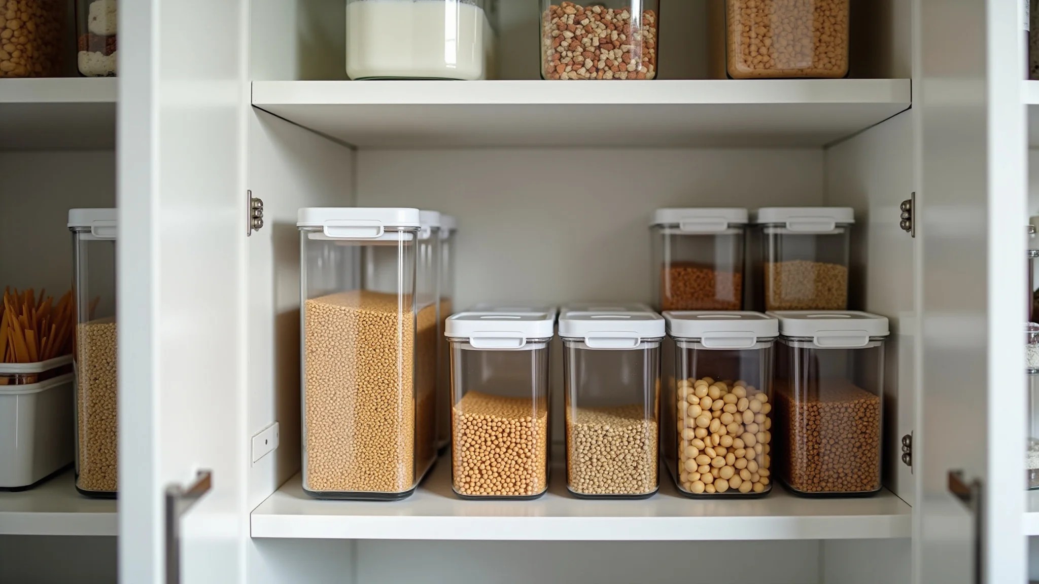 Despensa organizada com recipientes transparentes cheios de produtos secos.