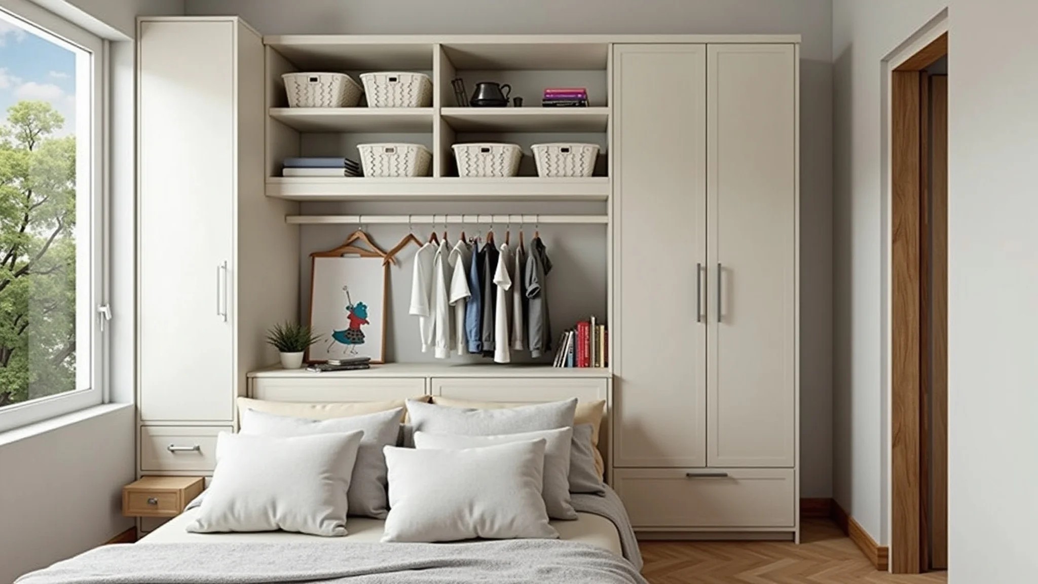Quarto de casal pequeno organizado com soluções de armazenamento inteligentes.