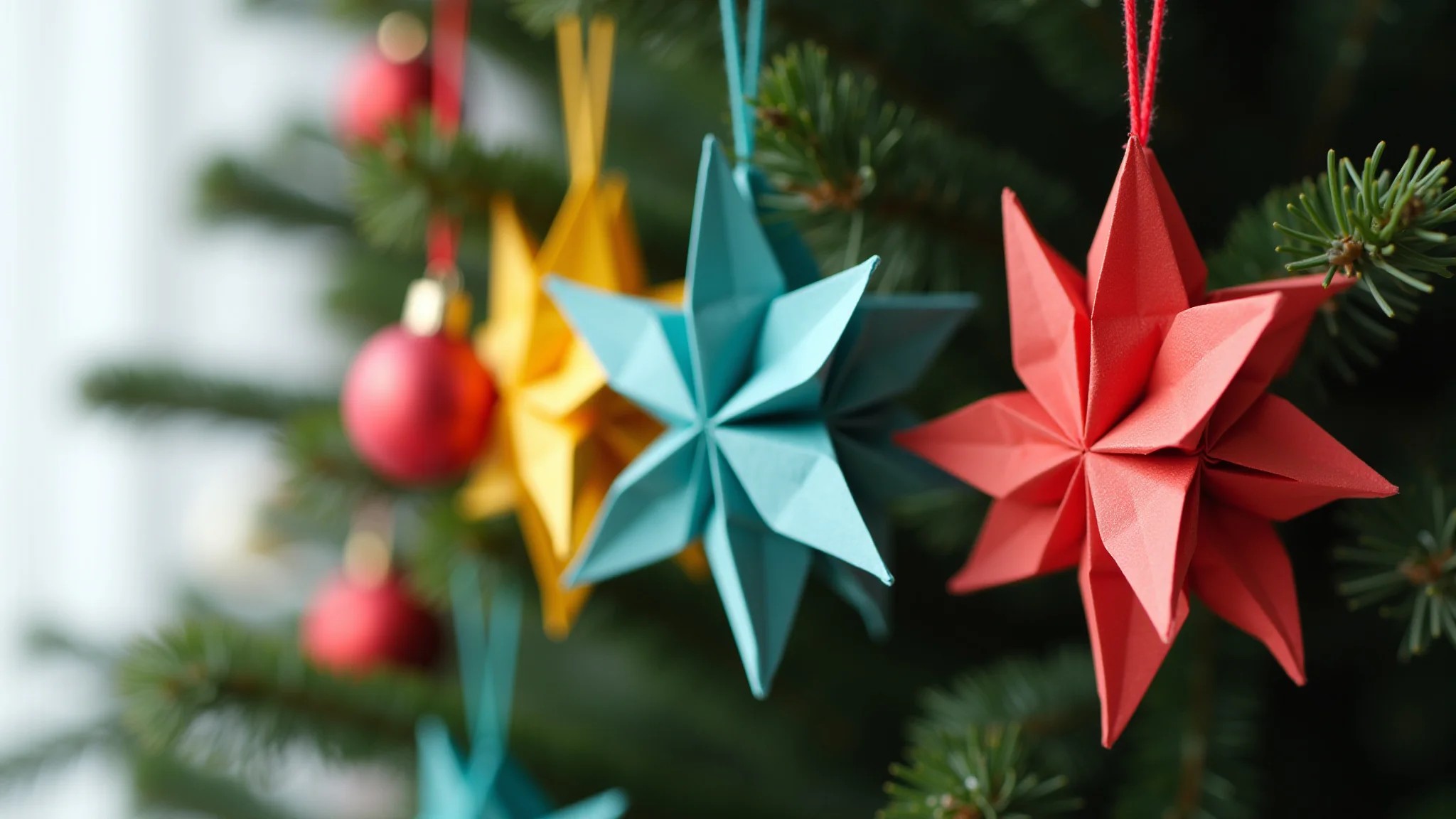Enfeites de origami natalinos (estrelas, sinos) pendurados na árvore.