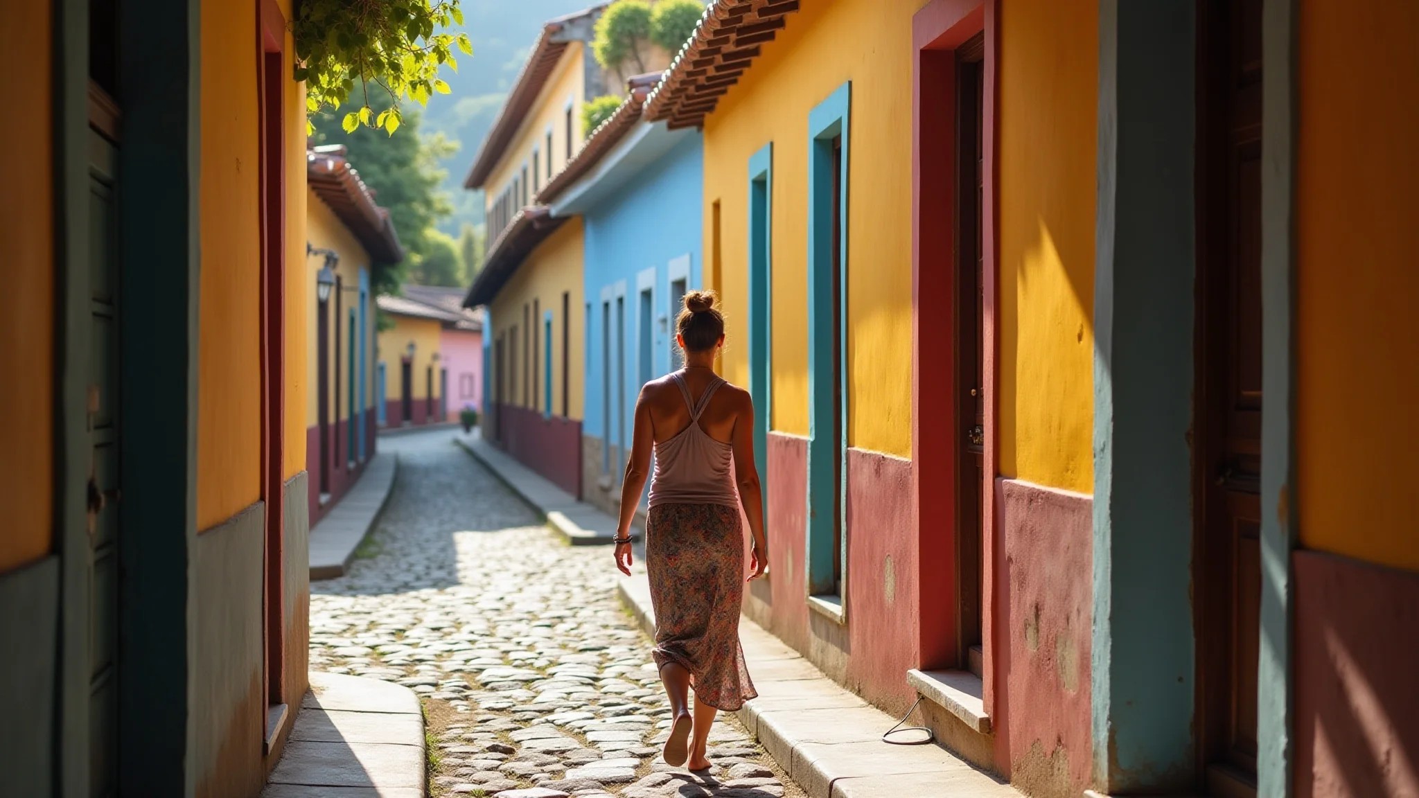 Mulher caminhando pelas ruas de Ouro Preto, Minas Gerais, em busca de tranquilidade e história.
