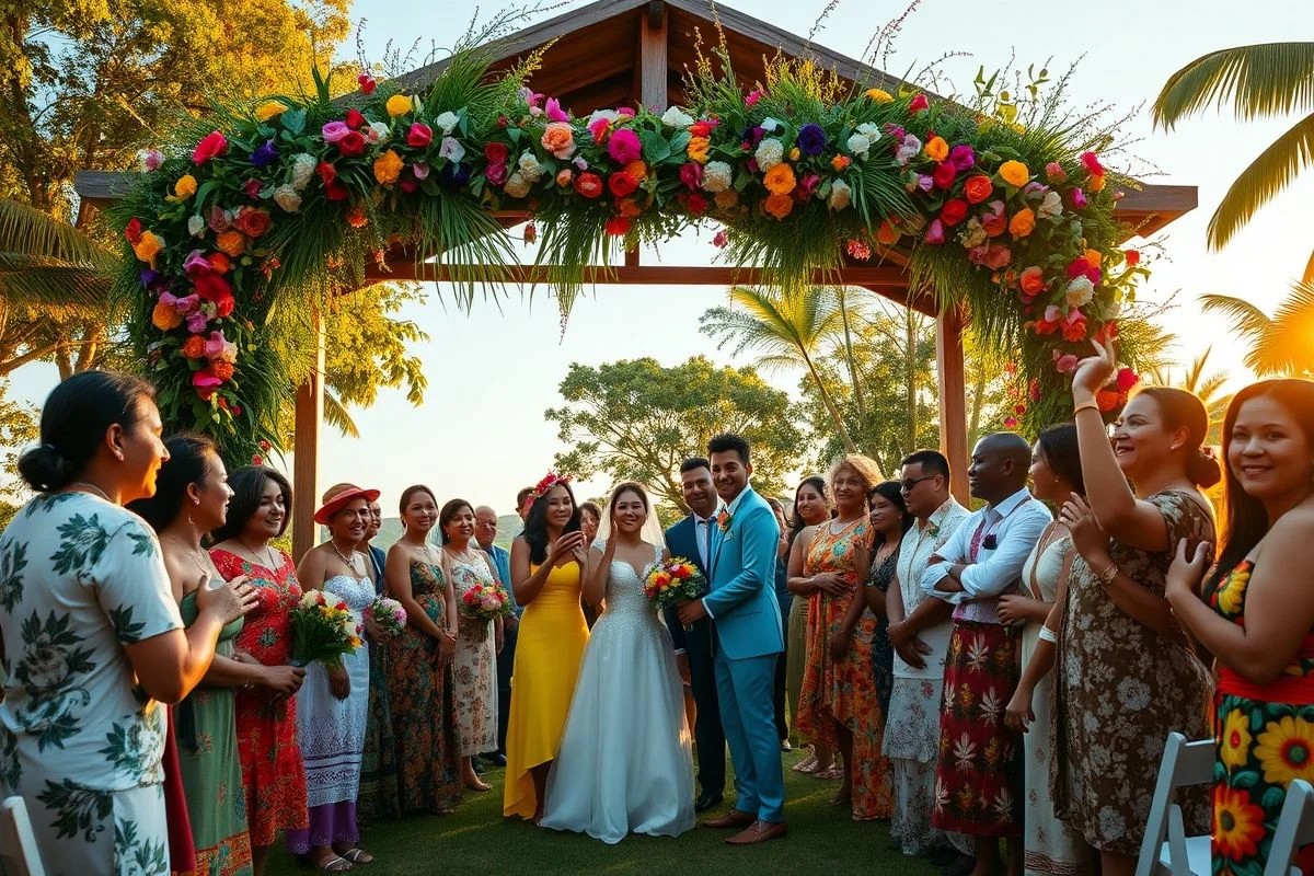 Cerimônia de casamento rústico ao ar livre no Brasil com arco floral e luz dourada do entardecer.