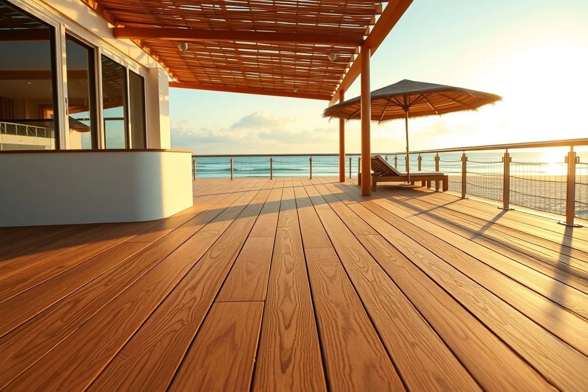 Deck externo de assoalho marinho com vista para praia brasileira ao entardecer.