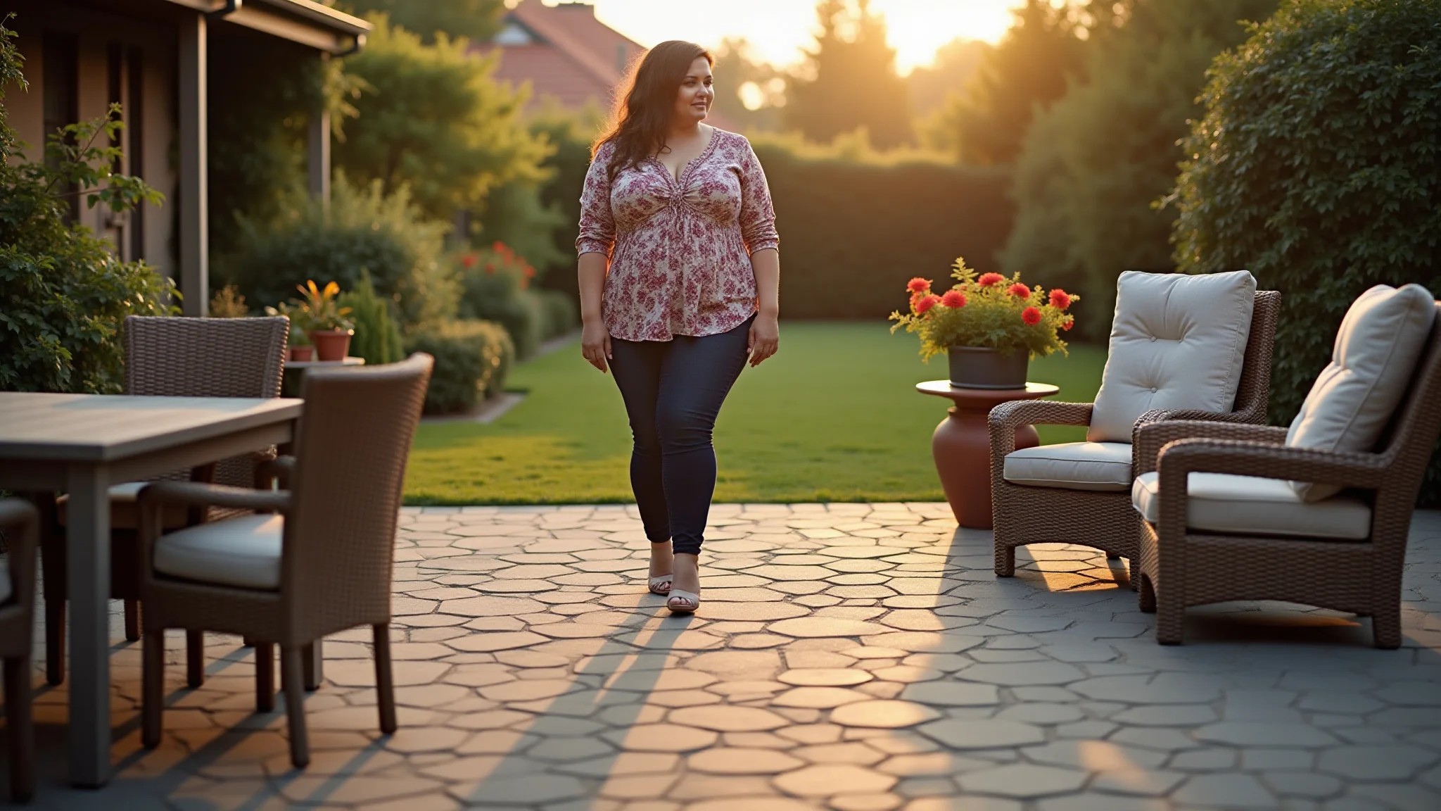 Pátio externo com pedras hexagonais, ambiente aconchegante e luz dourada suave, com uma mulher plus size.