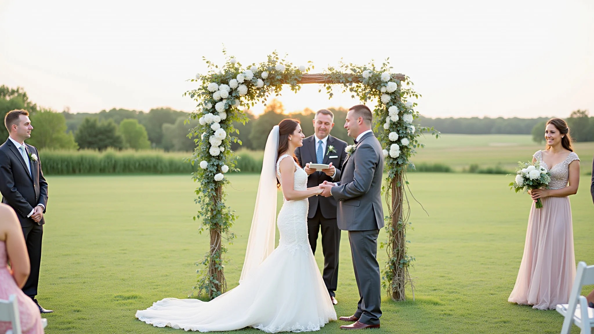 Cerimônia de casamento ao ar livre com arco floral simples e casal feliz.