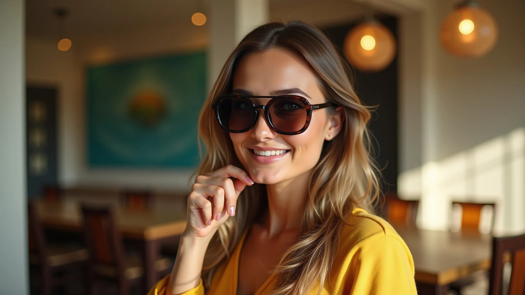 Mulher de rosto oval usando óculos oversized em ambiente decorado estilo Farm Rio.