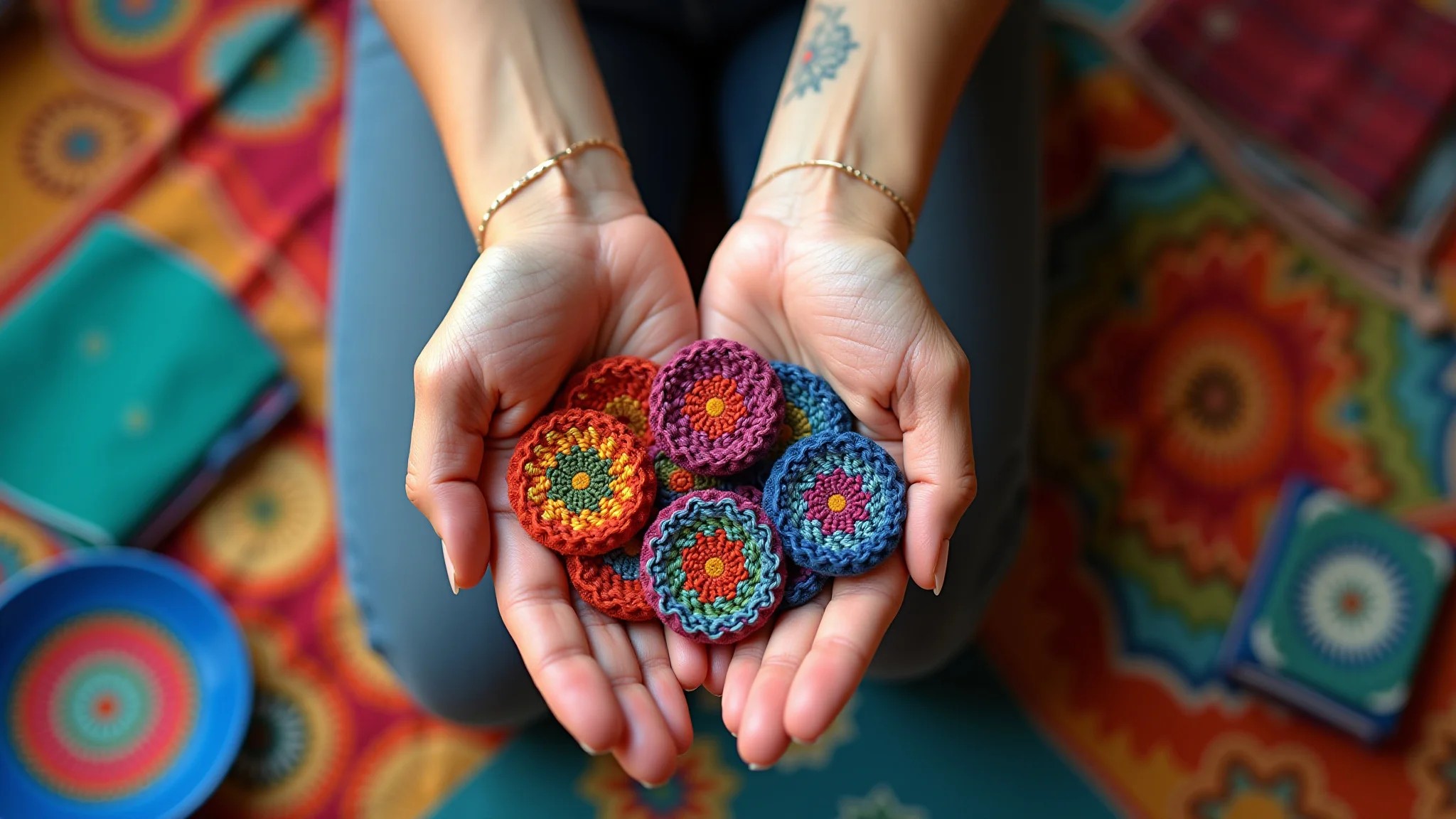 Mãos de artesã exibindo artesanato colorido, tecidos vibrantes, luz natural.