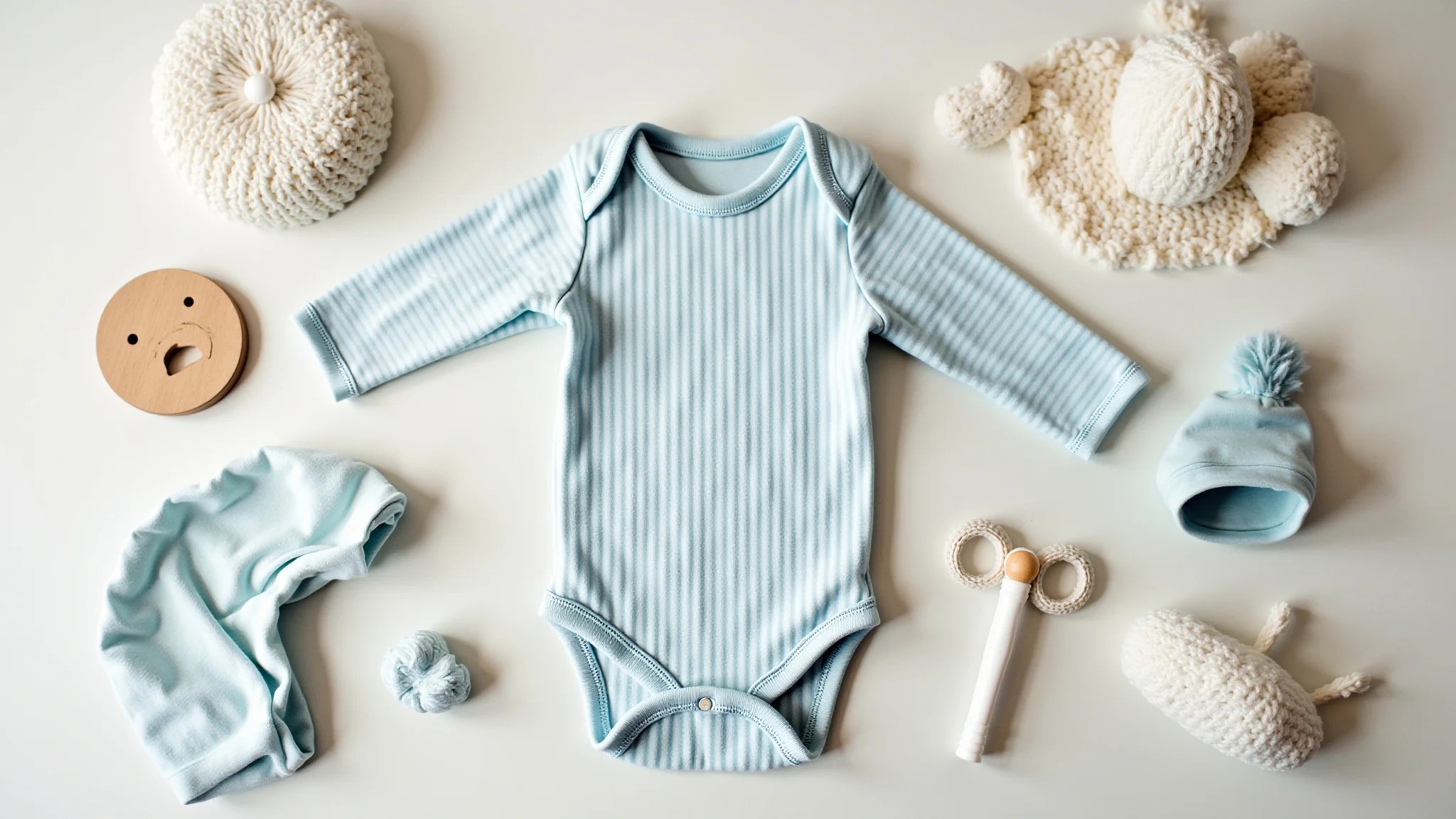 Enxoval de bebê completo: roupas dobradas e itens essenciais organizados.