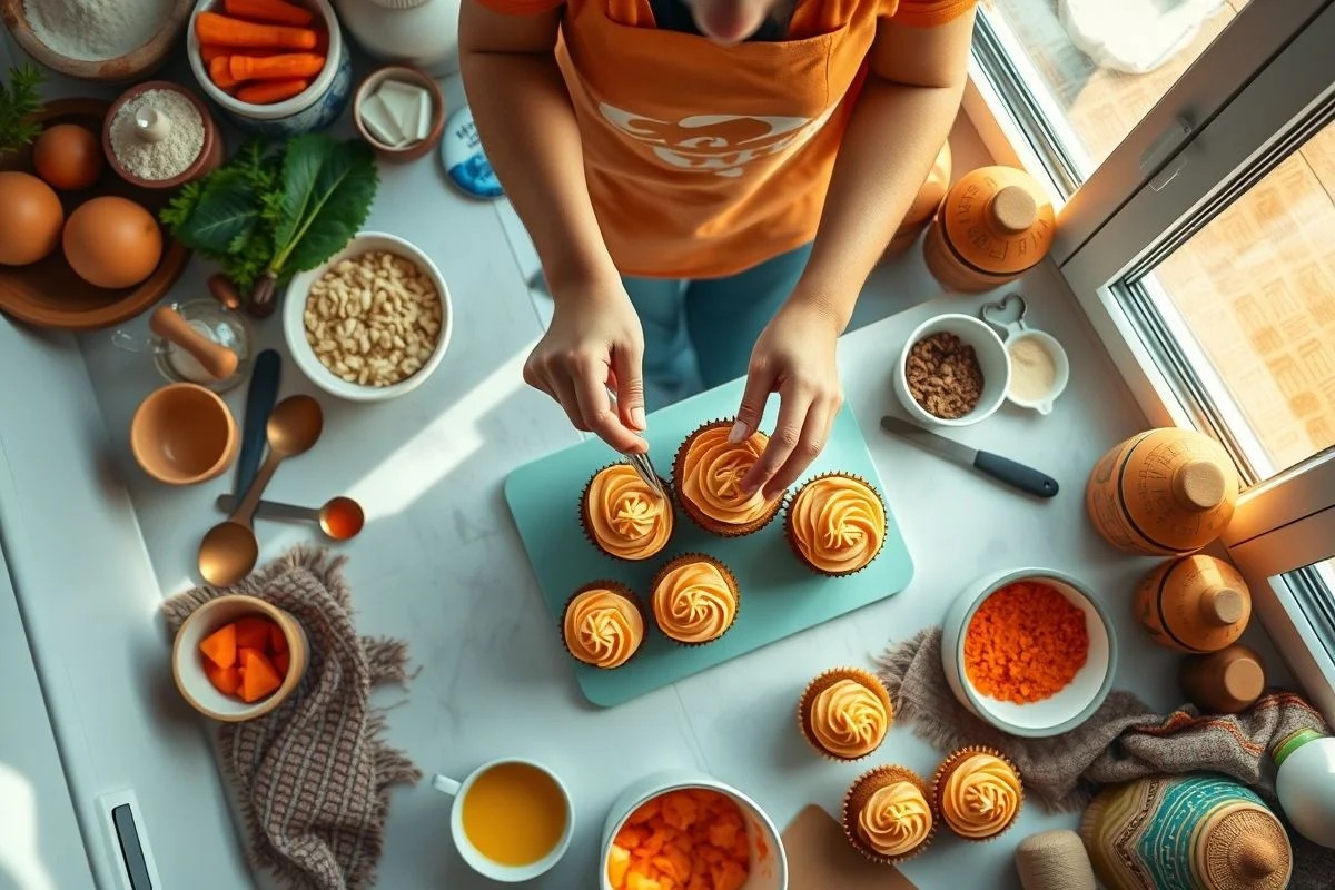 Mãos decorando cupcakes de cenoura com cobertura cremosa. Processo de confeitaria em cozinha brasileira.