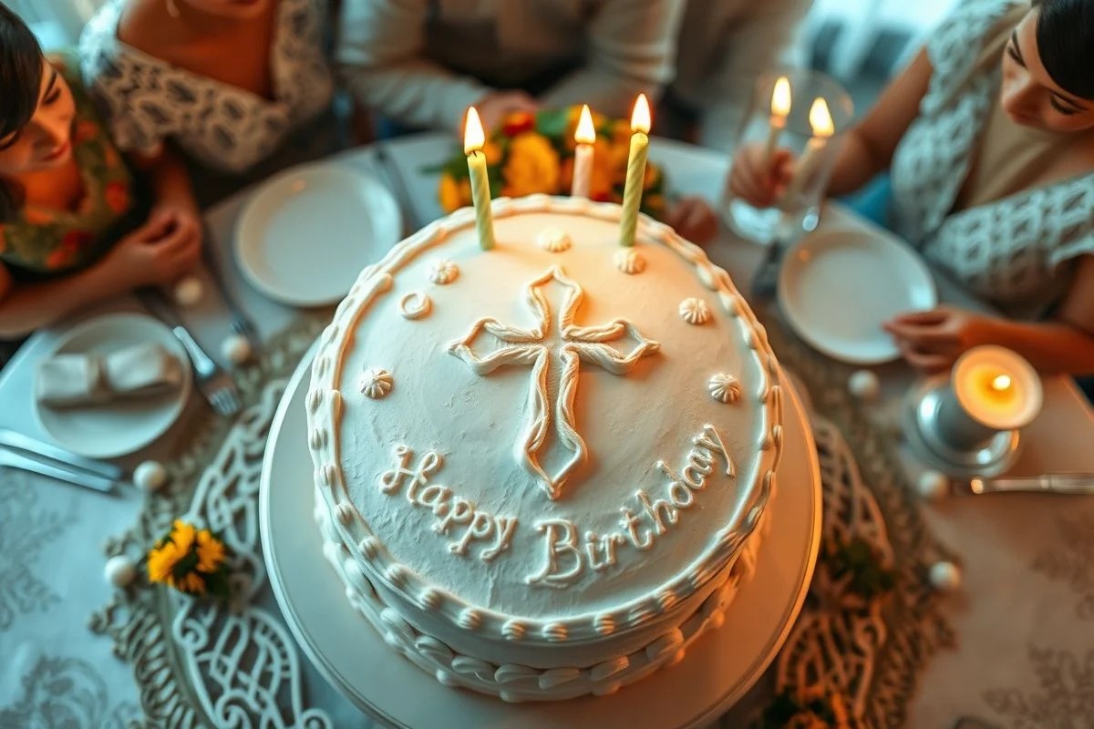 Bolo de aniversário com tema Jesus decorado com cruz, celebração familiar brasileira.