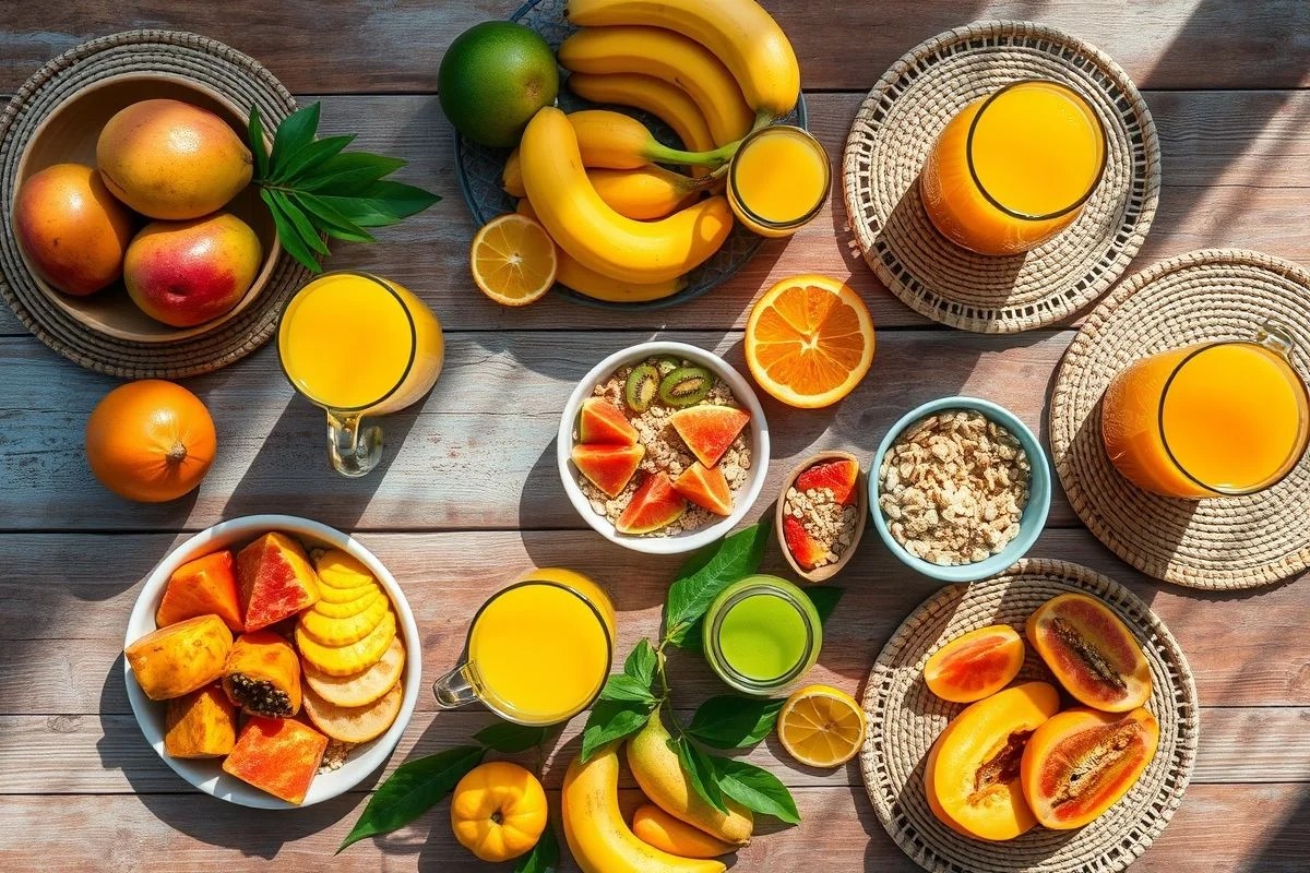 Café da manhã brasileiro saudável com frutas e grãos integrais.