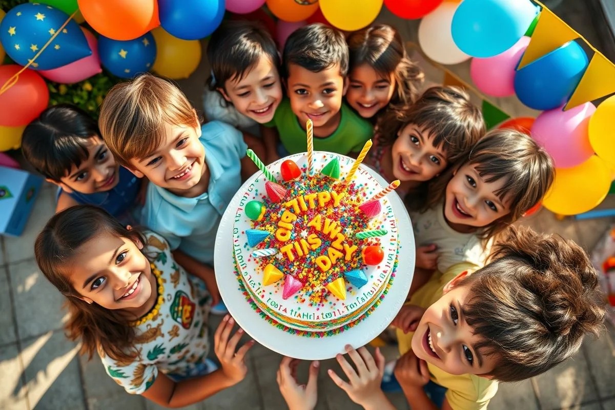 Crianças brasileiras reunidas em volta de bolo de aniversário decorado.