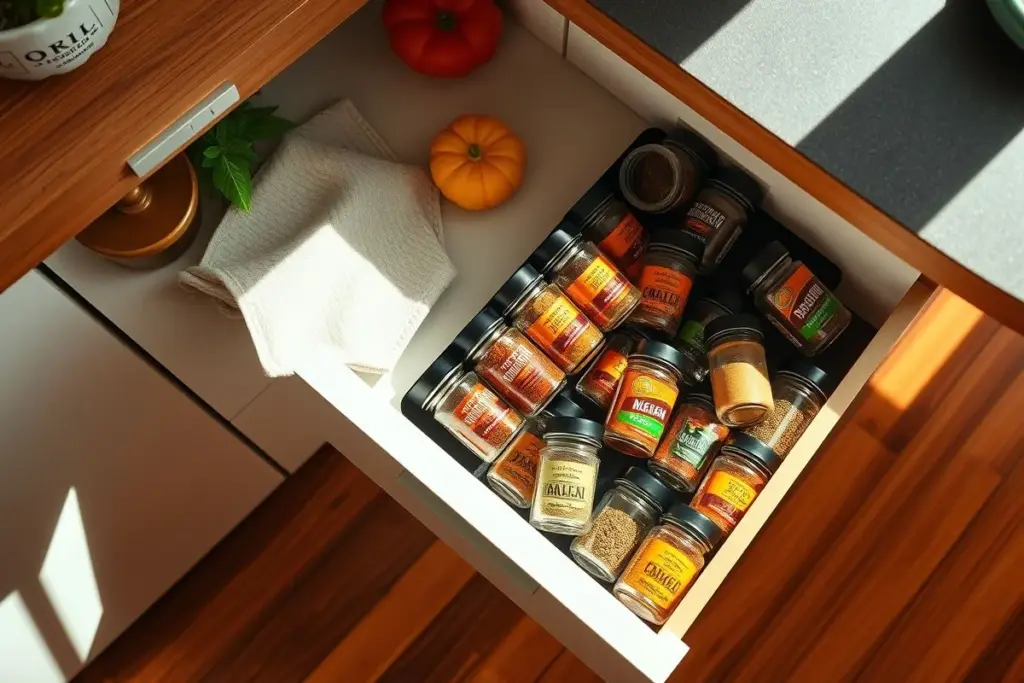 Organizador de temperos em gaveta com potes coloridos, cozinha brasileira.