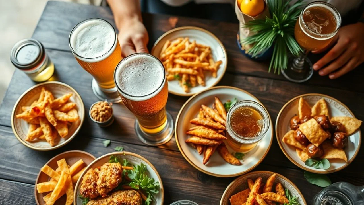 Mesa de festa com chopp pilsen, IPA e petiscos.