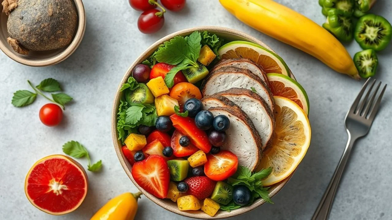 Prato saudável brasileiro com frutas, legumes e proteína.