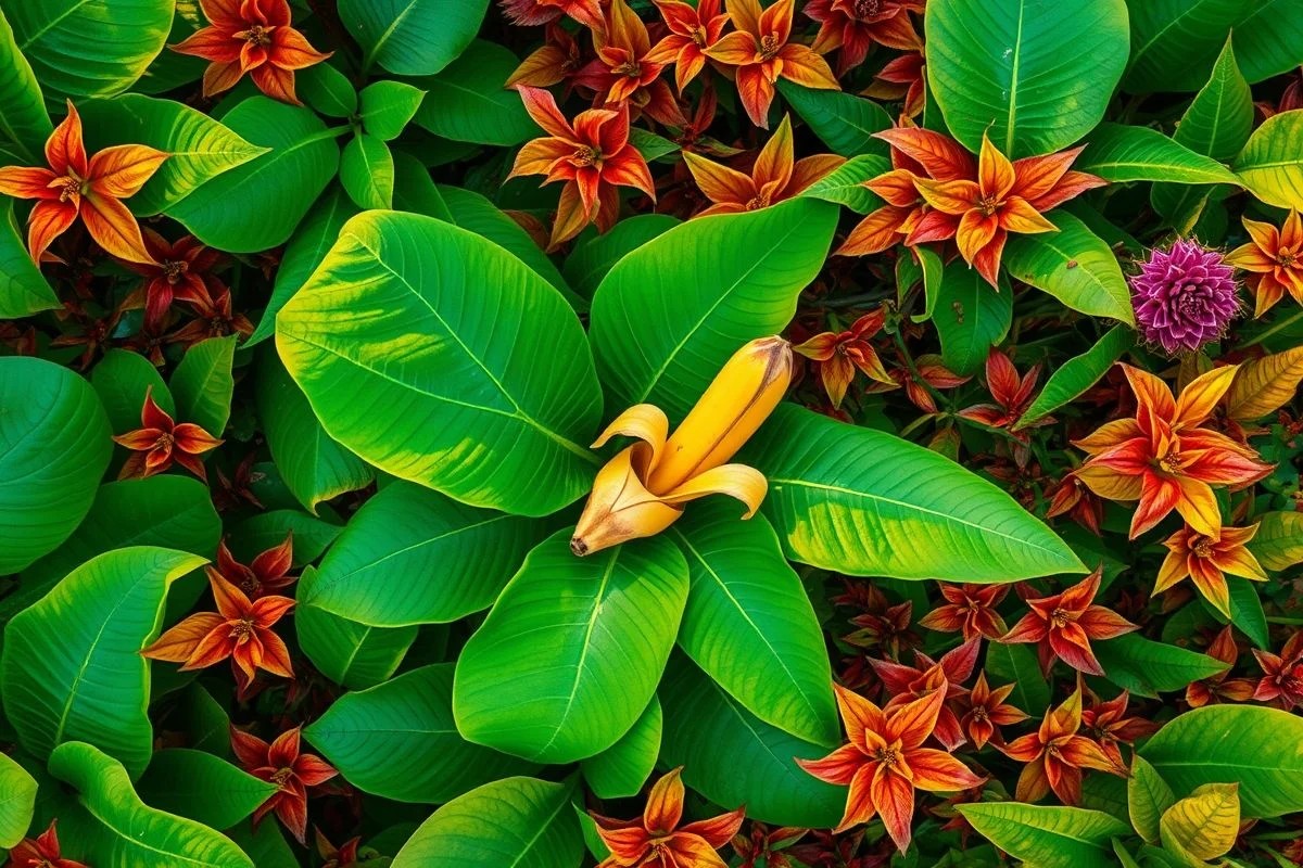 Cascas de banana fertilizando um jardim brasileiro exuberante.