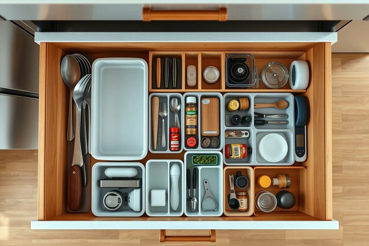 Gaveta de cozinha organizada com divisórias e utensílios em ordem, foto profissional.