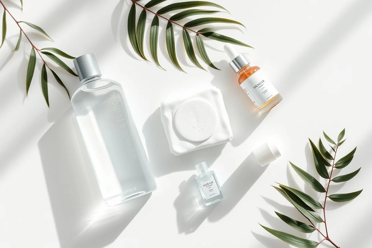 Rotina de skincare minimalista com água micelar, produtos essenciais.