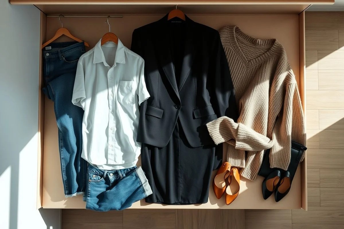 Guarda-roupa inteligente feminino com peças coringa essenciais: camisa branca, jeans, blazer preto, vestido preto.