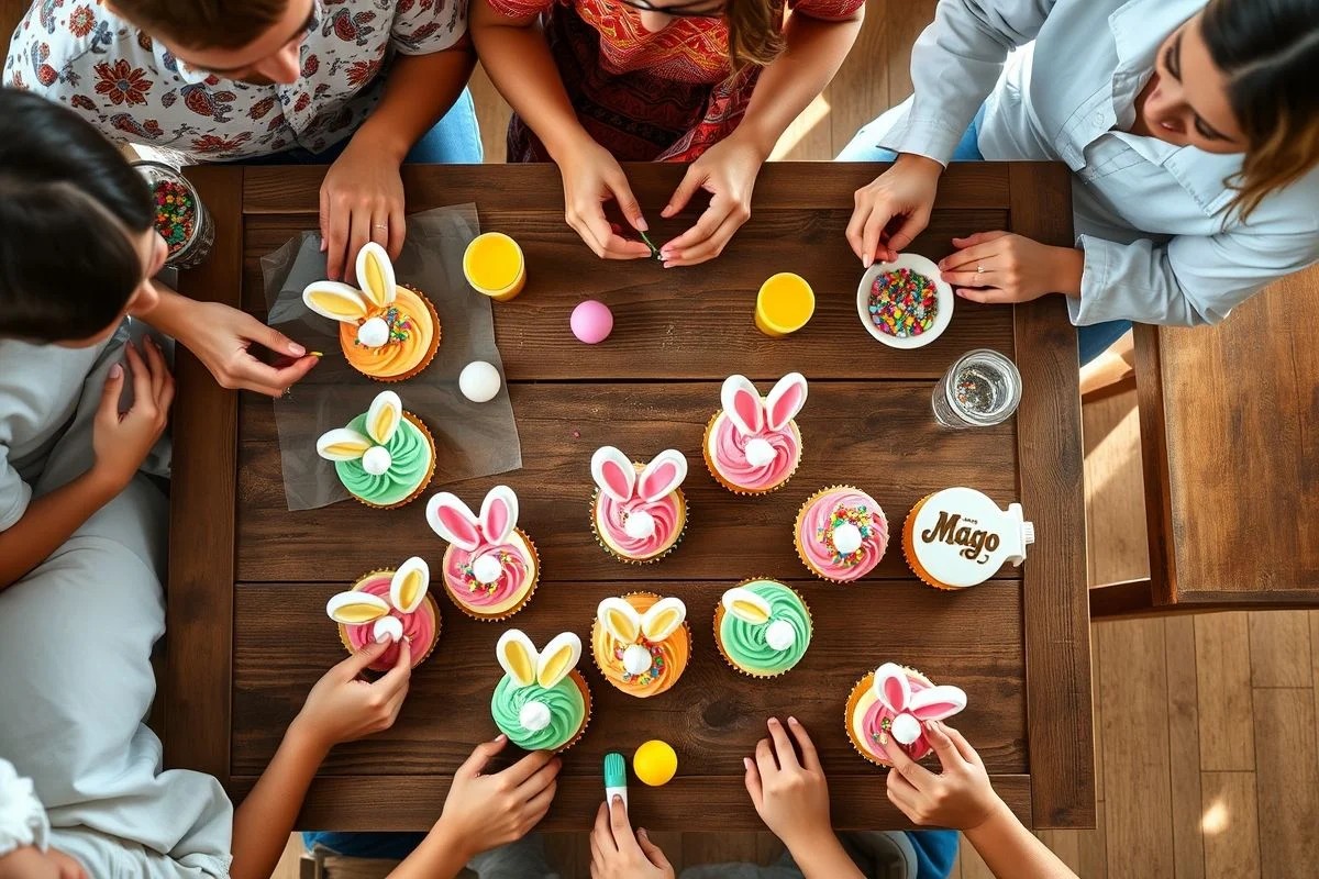 Família brasileira decorando cupcakes de coelho para a Páscoa numa cozinha ensolarada. Alegria e cores vibrantes.